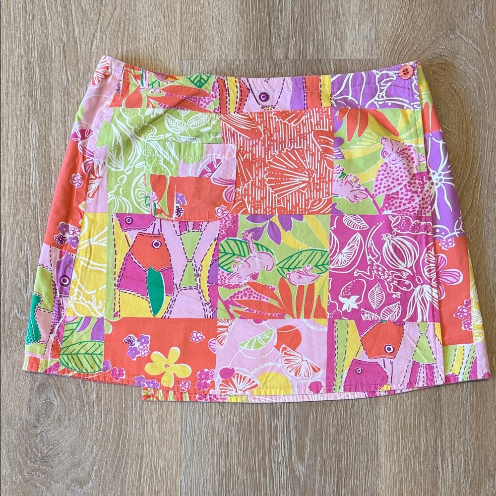 Lilly Pulitzer Reversible Pink and Orange Patchwork Wrap Mini Skirt